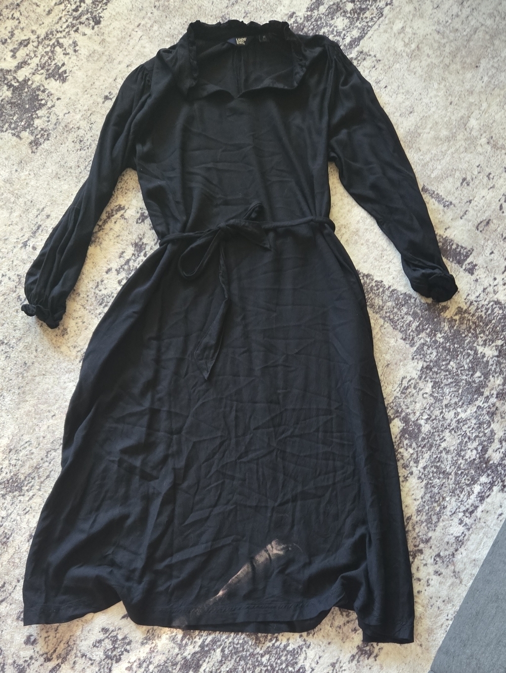 Lands' End Black Long-Sleeve Midi Tie-Waist Dress